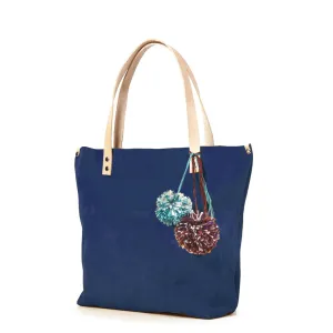 Genuine Cow Leather Tote Bag - Color Suede (Dark Blue)