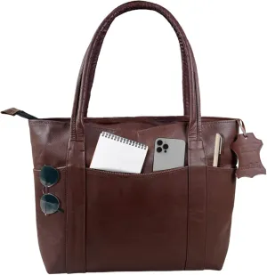 Genuine Leather Tote Bag – Large Handbag with Back Zipper Pocket & Multiple Inner Compartments | Office Shoulder Bag for Women