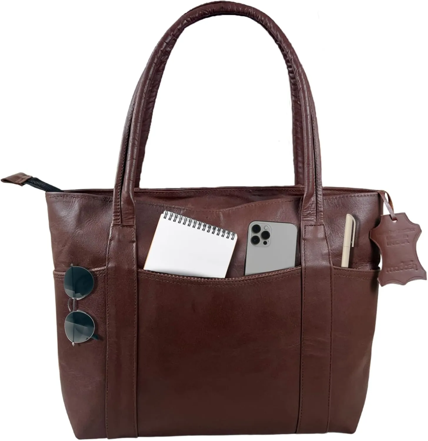 Genuine Leather Tote Bag – Large Handbag with Back Zipper Pocket & Multiple Inner Compartments | Office Shoulder Bag for Women