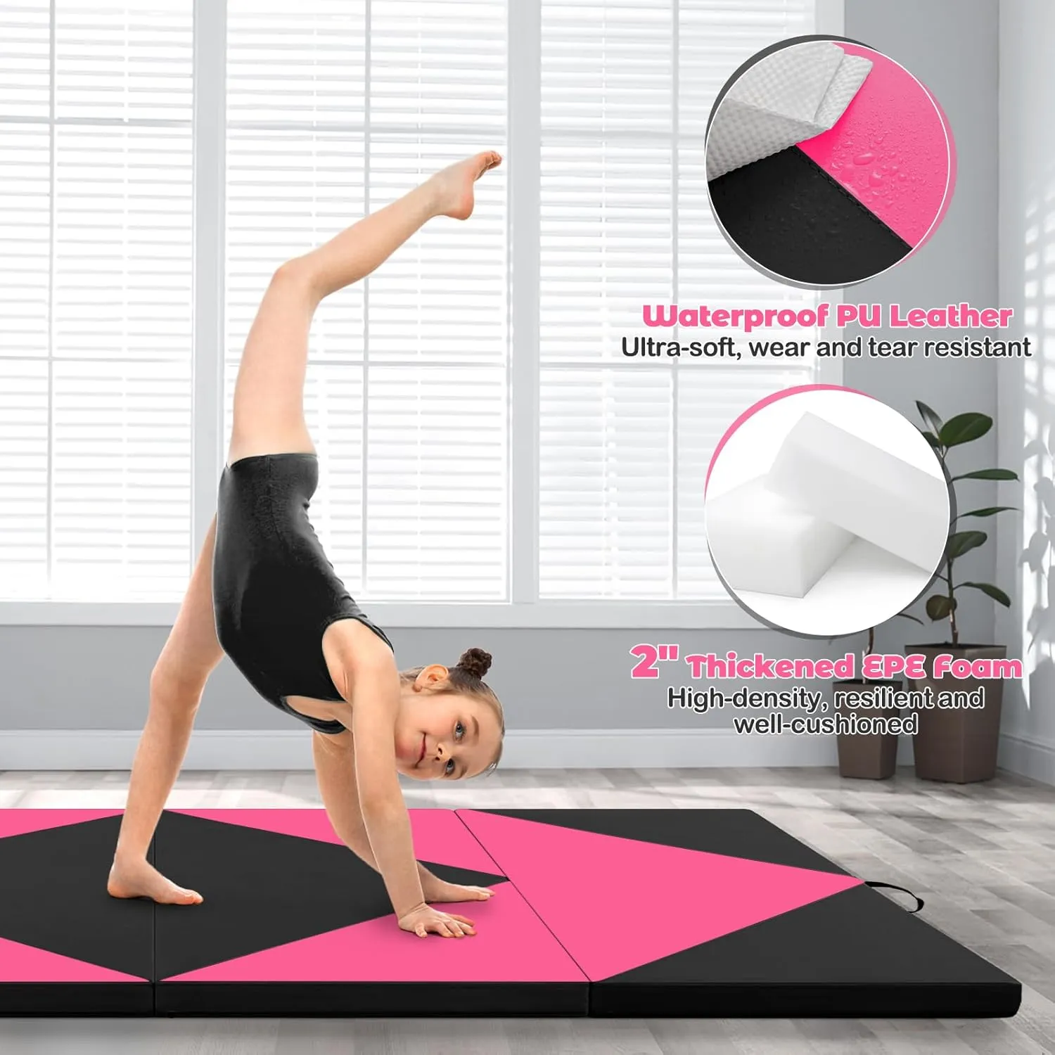 Giantex 4'x8' Gymnastics Mat, 2" Thick Folding Tumbling Mat with Carrying Handles, Foldable Gym Mat with Hook and Loop Fastener, Cheer Mats for Kids Adults Home Exercise Aerobics Fitness