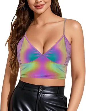 Giovacker Women's Sexy V-Neck Spaghetti Strap Sparkle Sequined Crop Tops Tube Top Bustier Vest Tank Rave Clubwear Camis Tee