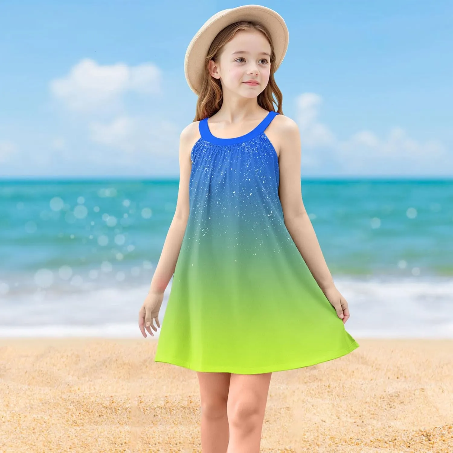 Girl's Summer Dress Casual Sleeveless Dresses Spaghetti Strap Twirl Swing Sundress Contrast Dress Beach Dresses