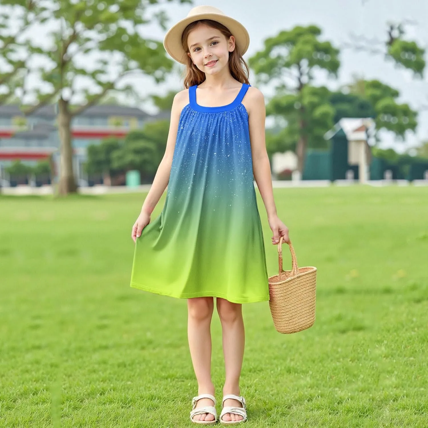 Girl's Summer Dress Casual Sleeveless Dresses Spaghetti Strap Twirl Swing Sundress Contrast Dress Beach Dresses