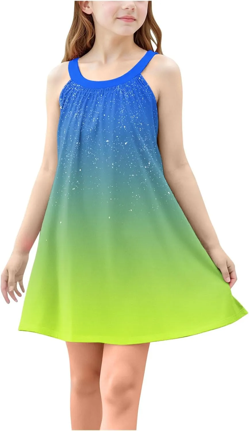 Girl's Summer Dress Casual Sleeveless Dresses Spaghetti Strap Twirl Swing Sundress Contrast Dress Beach Dresses