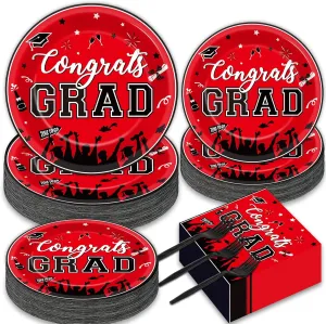 gisgfim 50 Guests Graduation Party Plates Napkins Red 2025 Congrats Grad Tableware Set Class of 2025 Party Supplies Disposable Plates Napkins Forks for Grad Party Decorations