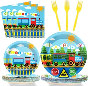 gisgfim 96 Pcs Train Plates and Napkins Party Supplies Train Birthday Party Tableware Set Train Theme Party Decorations Favors for Birthday Baby Shower Serves 24 Guests
