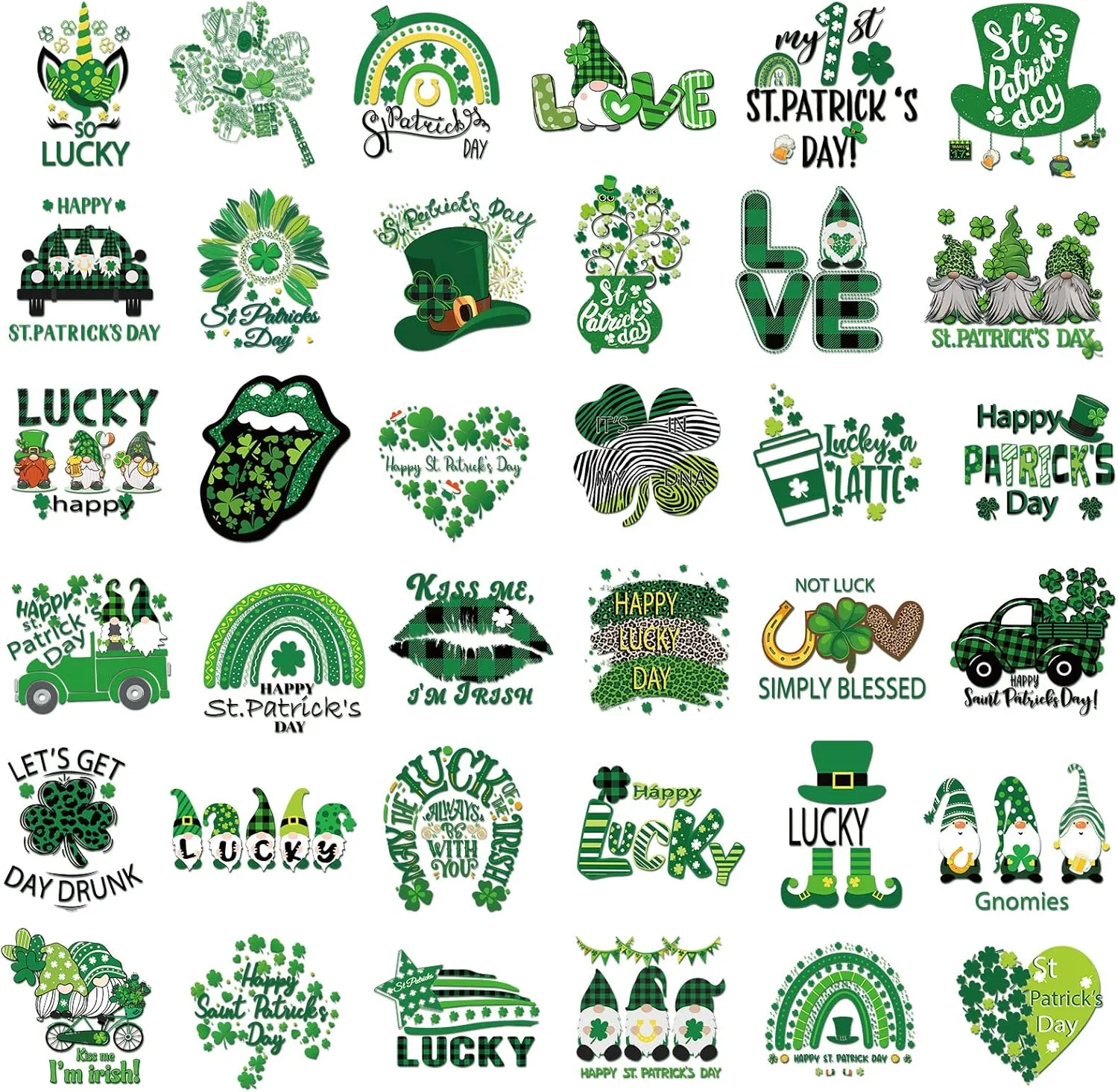 Glenmal 36 Sheets St. Patrick's Day Iron on Patches Clothing Shamrock Heart Love Truck Gnome Heat Transfer Stickers for St. Patrick's T-Shirt Jacket Pillow Covers Backpack Hoodies DIY Decorations