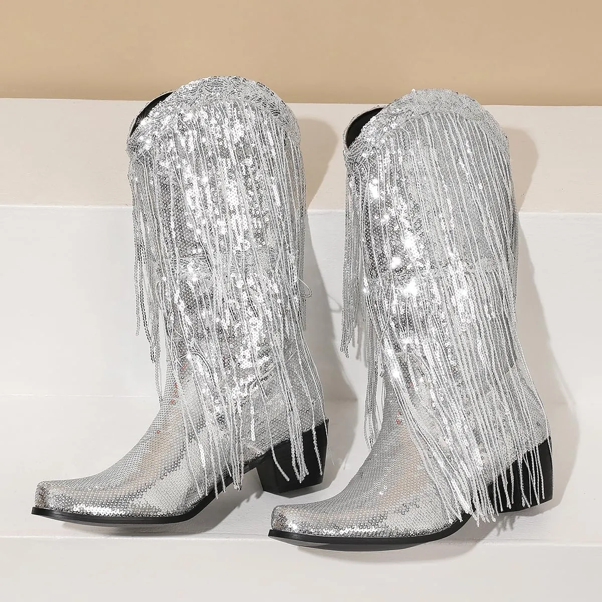 Glittery Fringe Cowboy Boots Sparkly Tassel Cowgirl Boots Clubwear Bling Mid Calf Western Boots