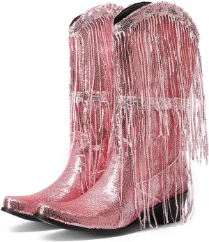 Glittery Fringe Cowboy Boots Sparkly Tassel Cowgirl Boots Clubwear Bling Mid Calf Western Boots