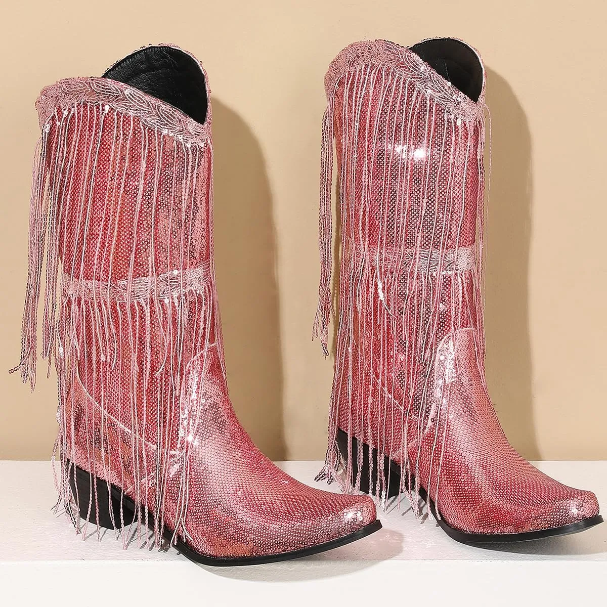 Glittery Fringe Cowboy Boots Sparkly Tassel Cowgirl Boots Clubwear Bling Mid Calf Western Boots