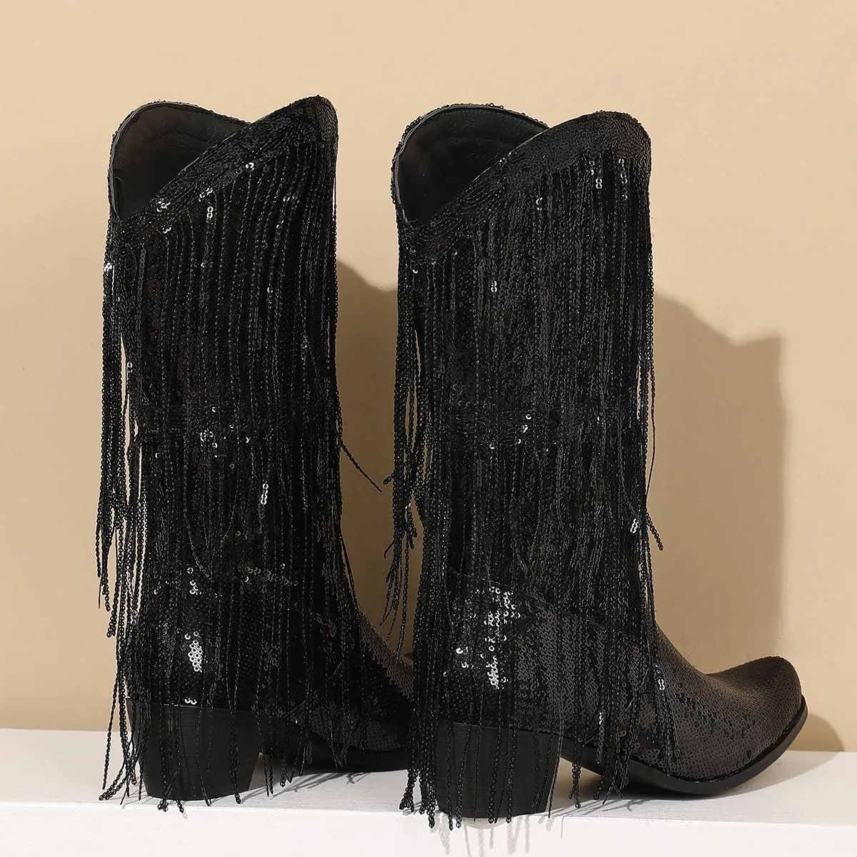 Glittery Fringe Cowboy Boots Sparkly Tassel Cowgirl Boots Clubwear Bling Mid Calf Western Boots