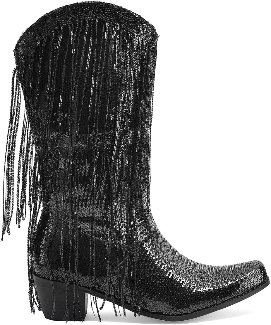 Glittery Fringe Cowboy Boots Sparkly Tassel Cowgirl Boots Clubwear Bling Mid Calf Western Boots