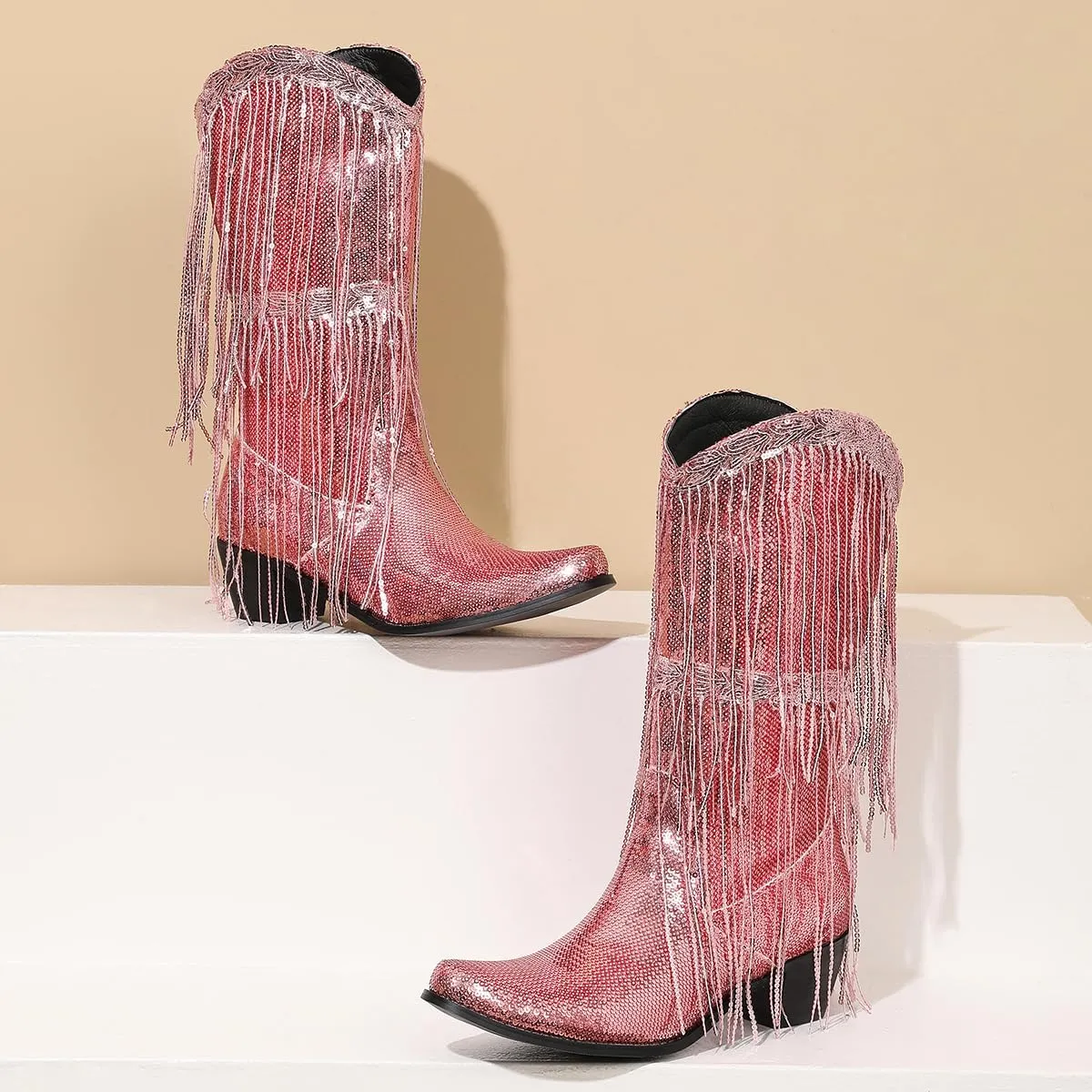Glittery Fringe Cowboy Boots Sparkly Tassel Cowgirl Boots Clubwear Bling Mid Calf Western Boots