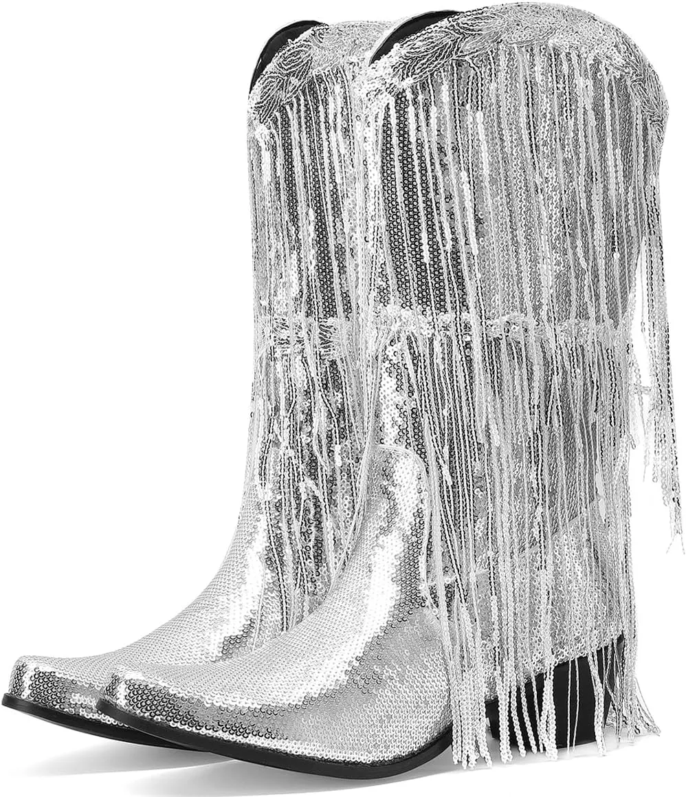 Glittery Fringe Cowboy Boots Sparkly Tassel Cowgirl Boots Clubwear Bling Mid Calf Western Boots