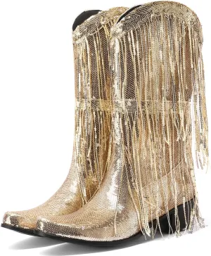 Glittery Fringe Cowboy Boots Sparkly Tassel Cowgirl Boots Clubwear Bling Mid Calf Western Boots