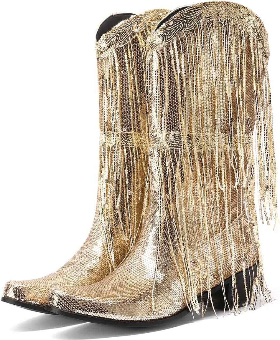 Glittery Fringe Cowboy Boots Sparkly Tassel Cowgirl Boots Clubwear Bling Mid Calf Western Boots