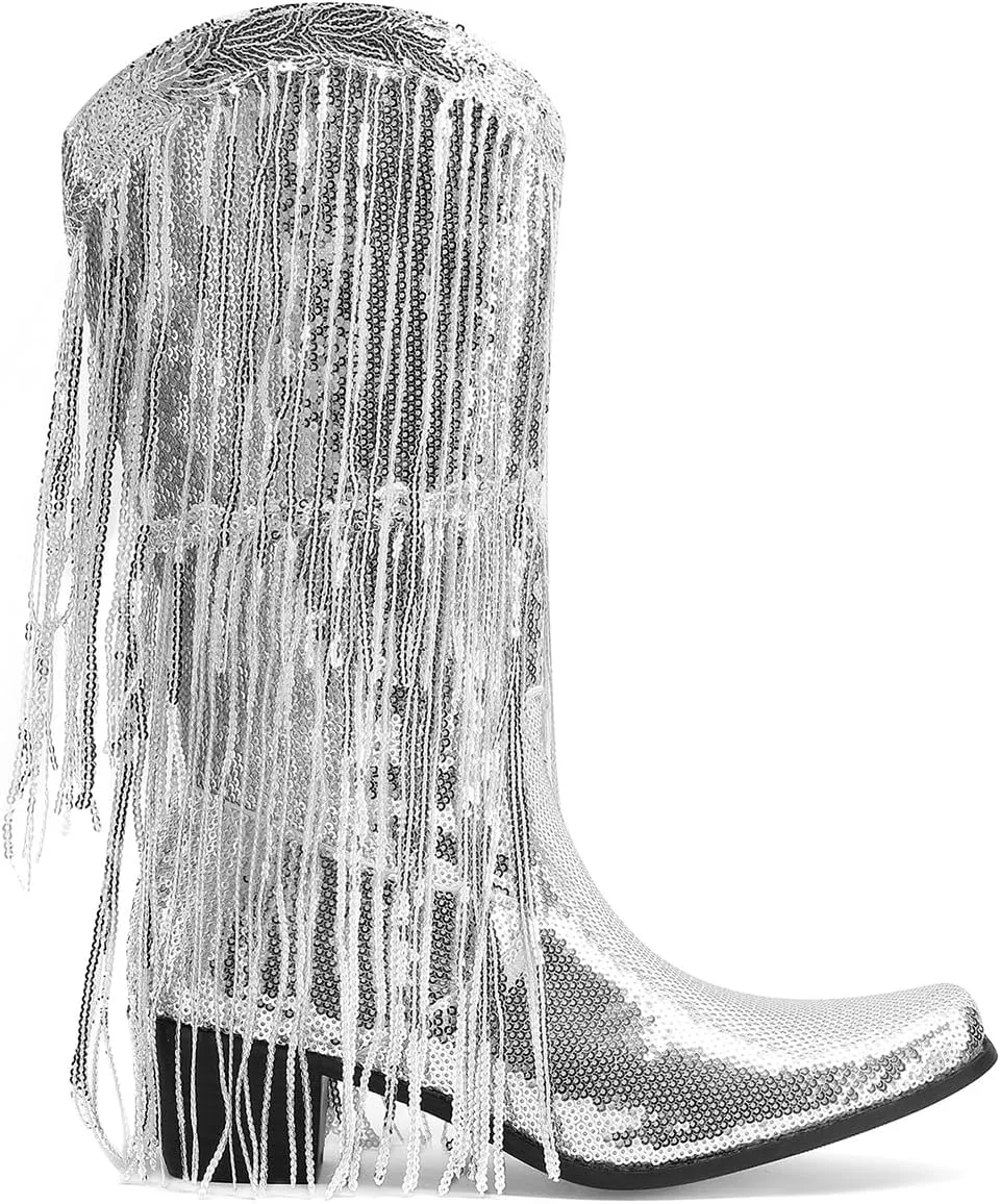 Glittery Fringe Cowboy Boots Sparkly Tassel Cowgirl Boots Clubwear Bling Mid Calf Western Boots
