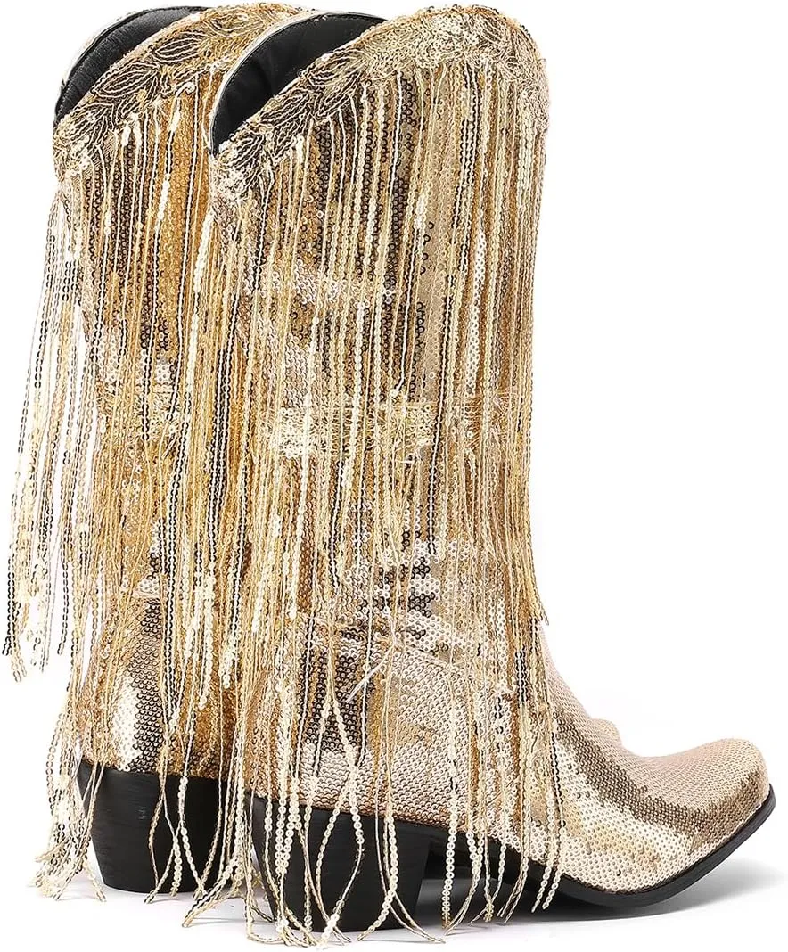 Glittery Fringe Cowboy Boots Sparkly Tassel Cowgirl Boots Clubwear Bling Mid Calf Western Boots