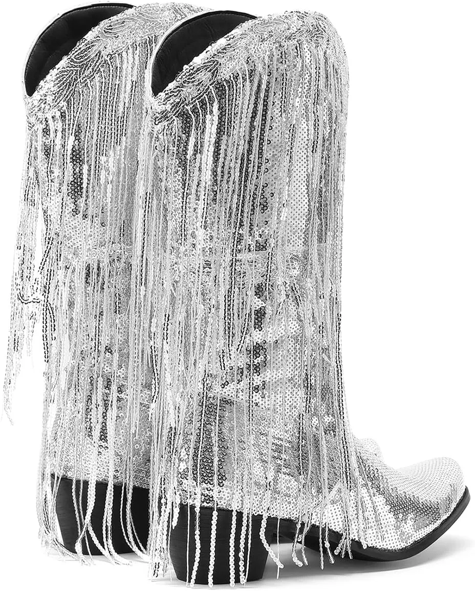 Glittery Fringe Cowboy Boots Sparkly Tassel Cowgirl Boots Clubwear Bling Mid Calf Western Boots