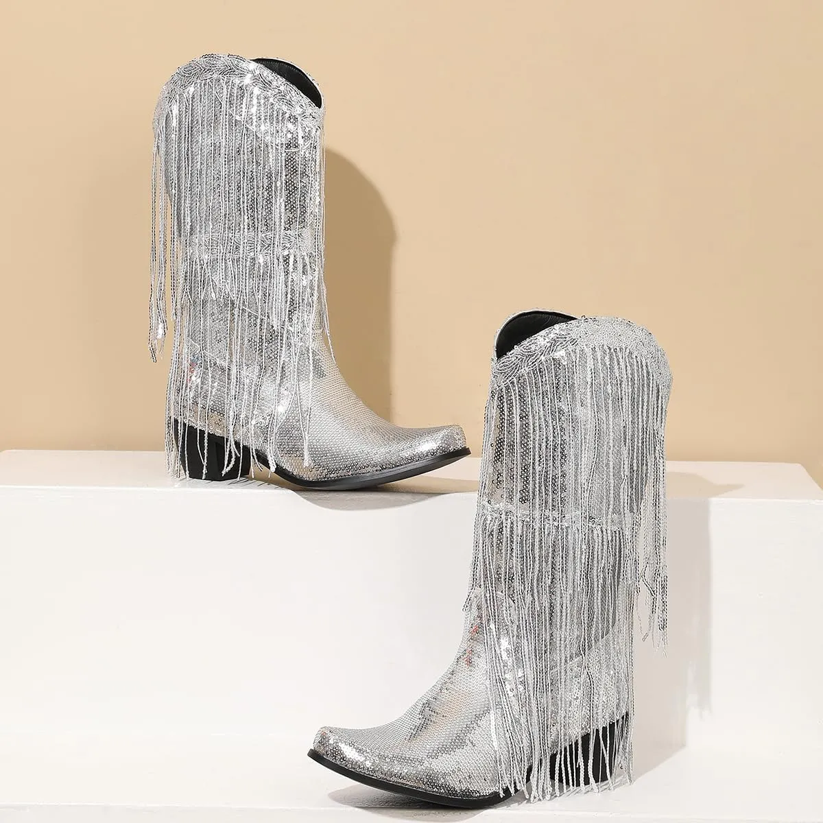 Glittery Fringe Cowboy Boots Sparkly Tassel Cowgirl Boots Clubwear Bling Mid Calf Western Boots