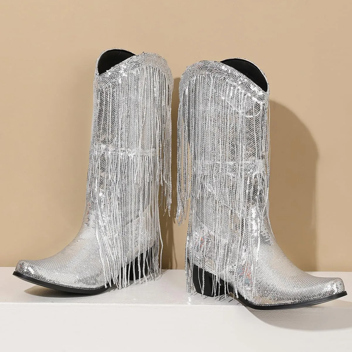 Glittery Fringe Cowboy Boots Sparkly Tassel Cowgirl Boots Clubwear Bling Mid Calf Western Boots