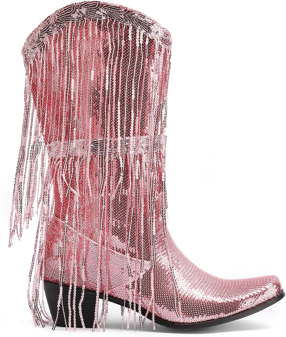 Glittery Fringe Cowboy Boots Sparkly Tassel Cowgirl Boots Clubwear Bling Mid Calf Western Boots
