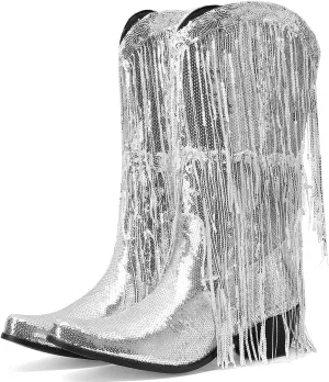 Glittery Fringe Cowboy Boots Sparkly Tassel Cowgirl Boots Clubwear Bling Mid Calf Western Boots