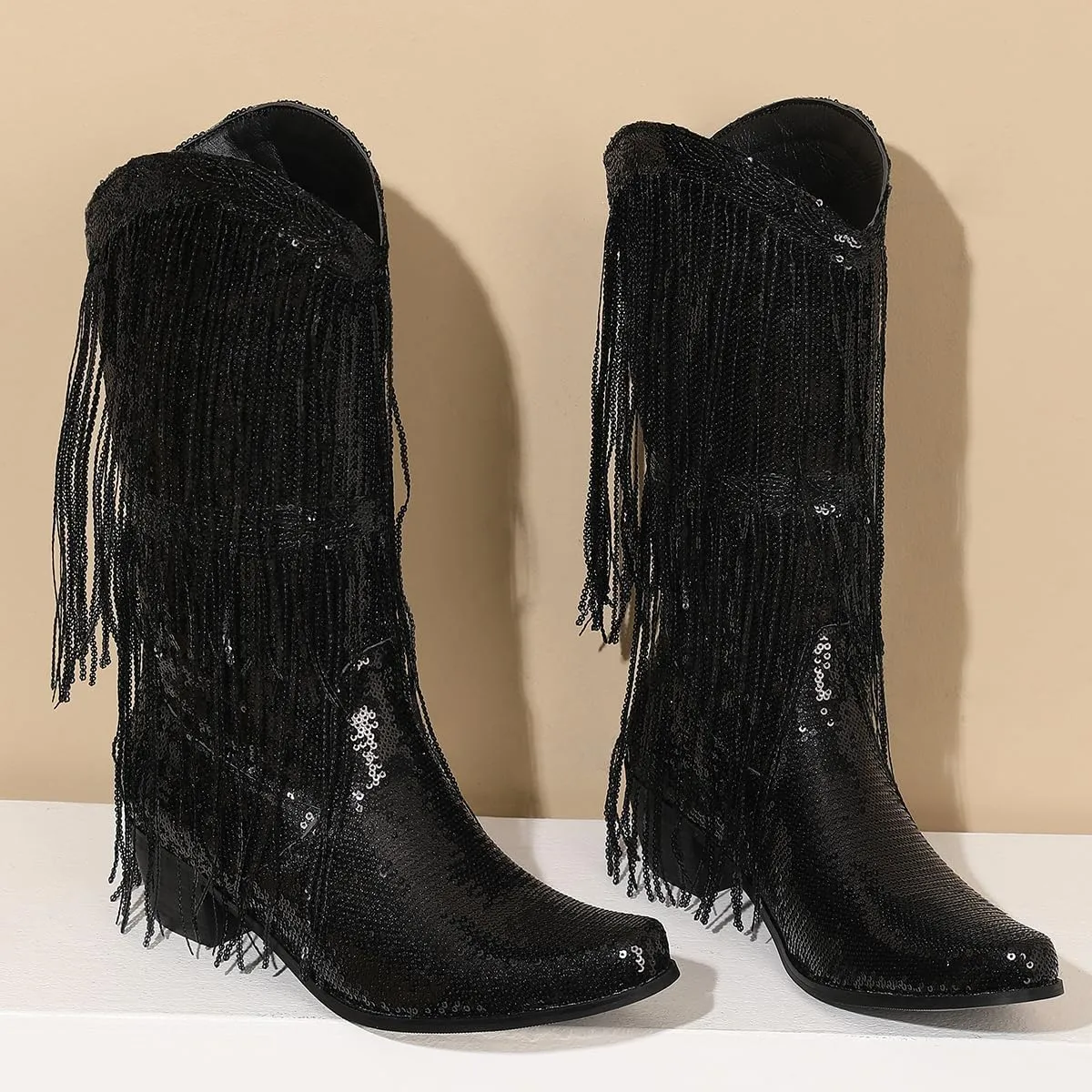 Glittery Fringe Cowboy Boots Sparkly Tassel Cowgirl Boots Clubwear Bling Mid Calf Western Boots