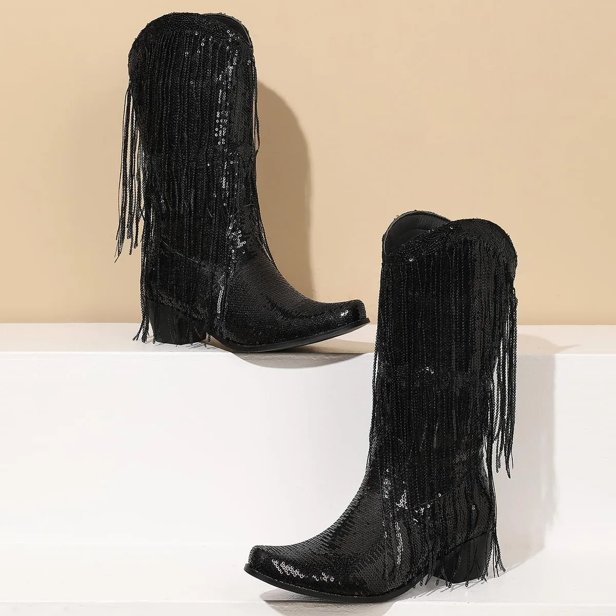 Glittery Fringe Cowboy Boots Sparkly Tassel Cowgirl Boots Clubwear Bling Mid Calf Western Boots