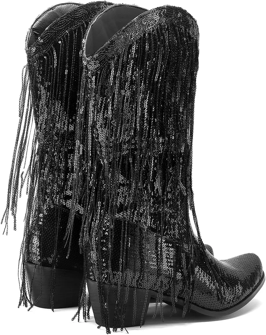 Glittery Fringe Cowboy Boots Sparkly Tassel Cowgirl Boots Clubwear Bling Mid Calf Western Boots