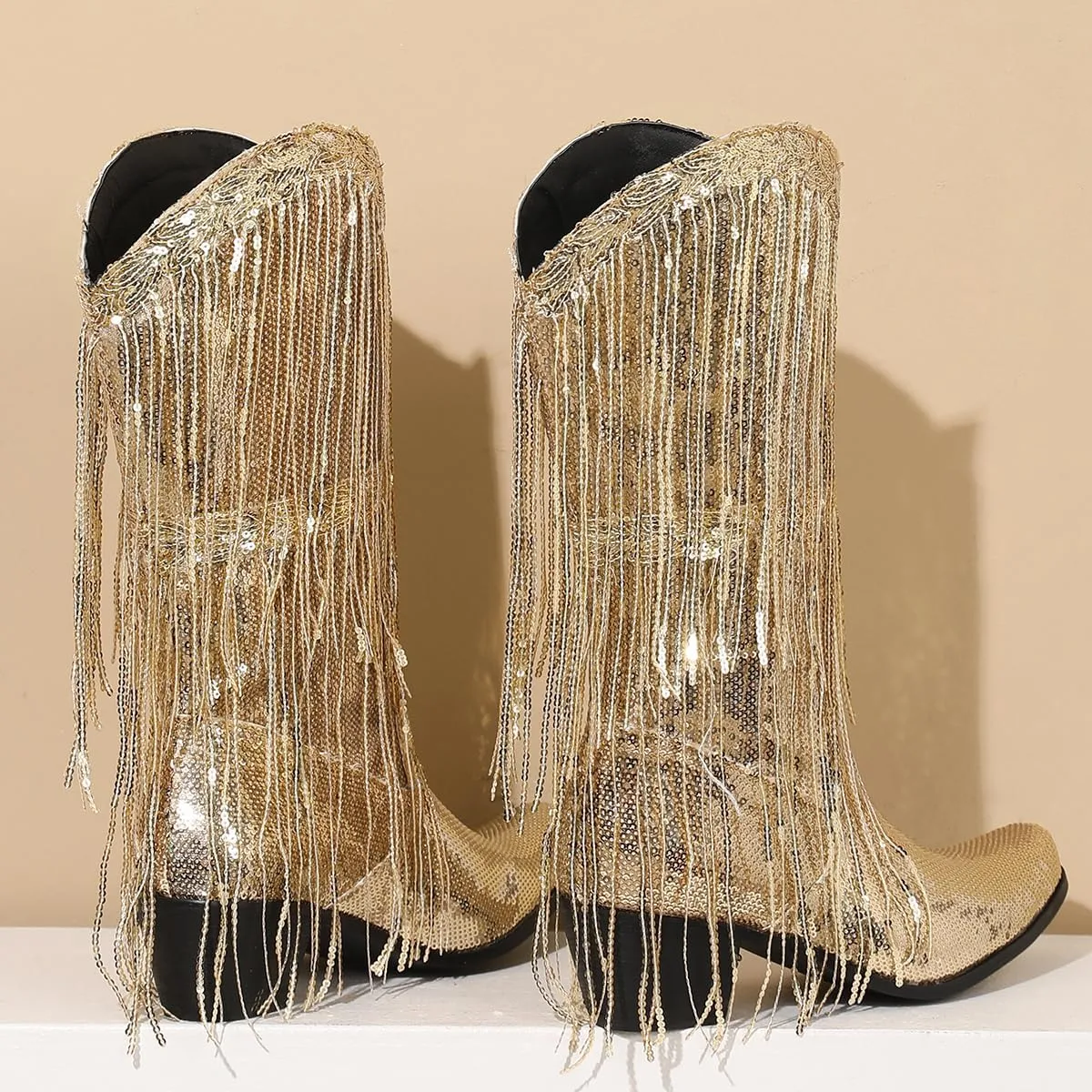 Glittery Fringe Cowboy Boots Sparkly Tassel Cowgirl Boots Clubwear Bling Mid Calf Western Boots
