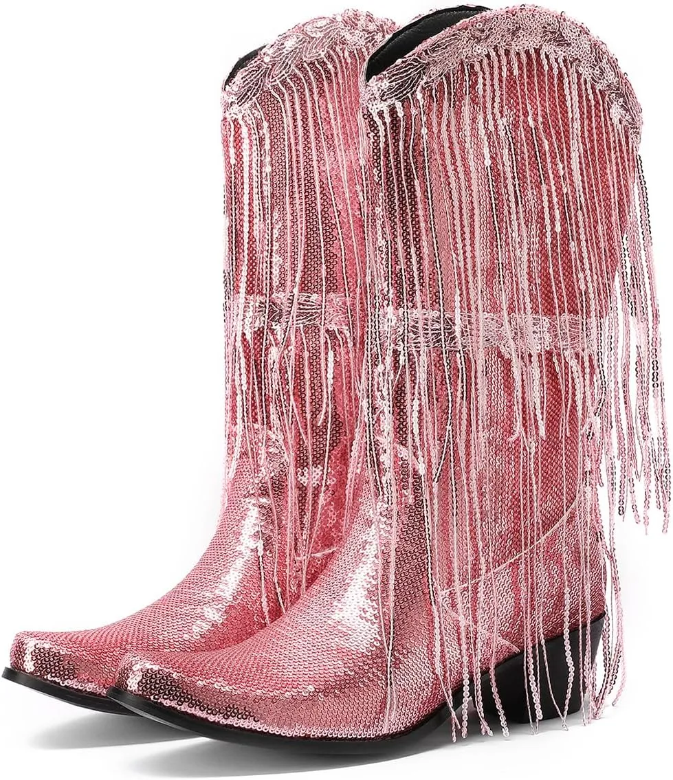 Glittery Fringe Cowboy Boots Sparkly Tassel Cowgirl Boots Clubwear Bling Mid Calf Western Boots