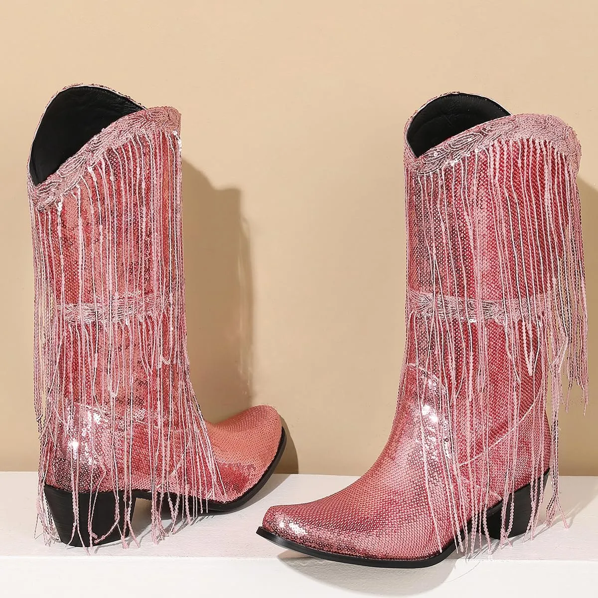 Glittery Fringe Cowboy Boots Sparkly Tassel Cowgirl Boots Clubwear Bling Mid Calf Western Boots