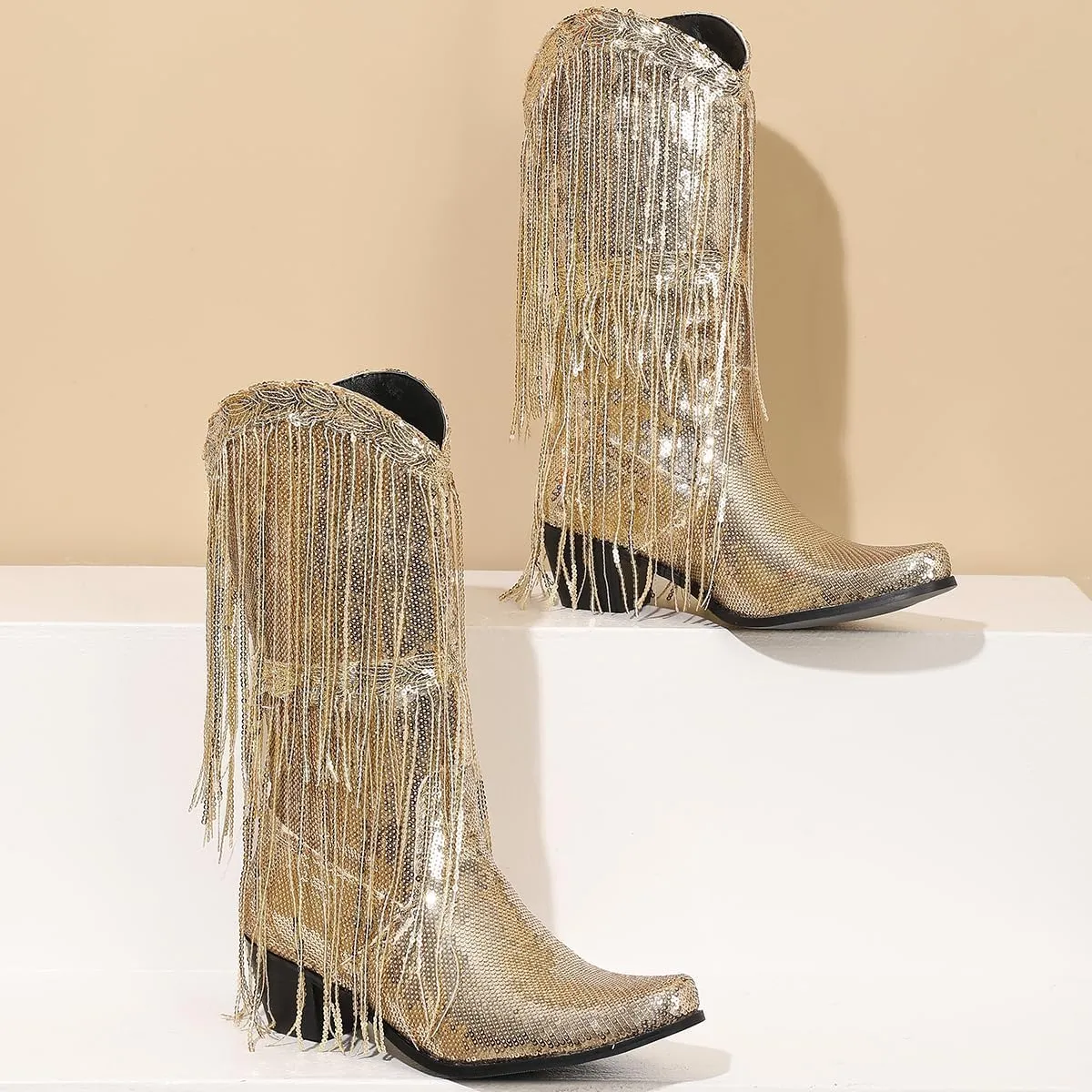 Glittery Fringe Cowboy Boots Sparkly Tassel Cowgirl Boots Clubwear Bling Mid Calf Western Boots