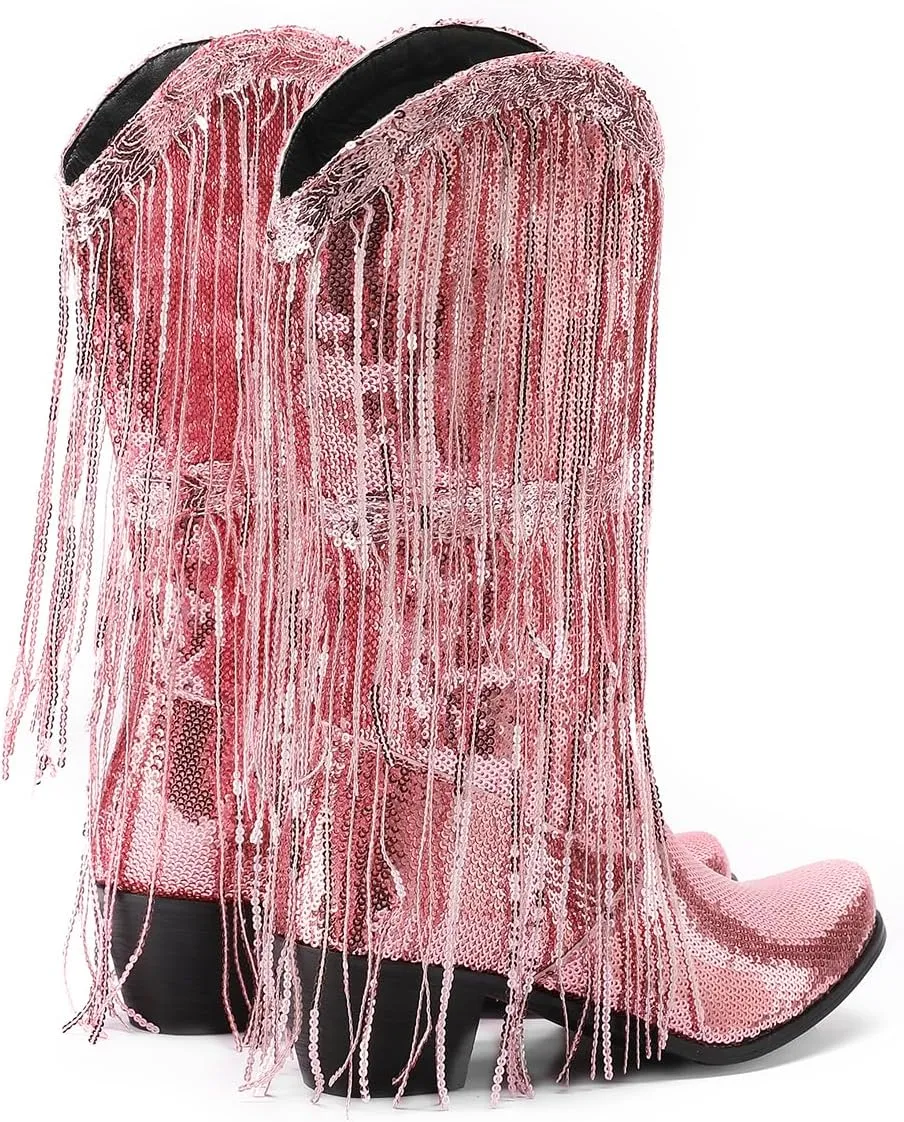Glittery Fringe Cowboy Boots Sparkly Tassel Cowgirl Boots Clubwear Bling Mid Calf Western Boots