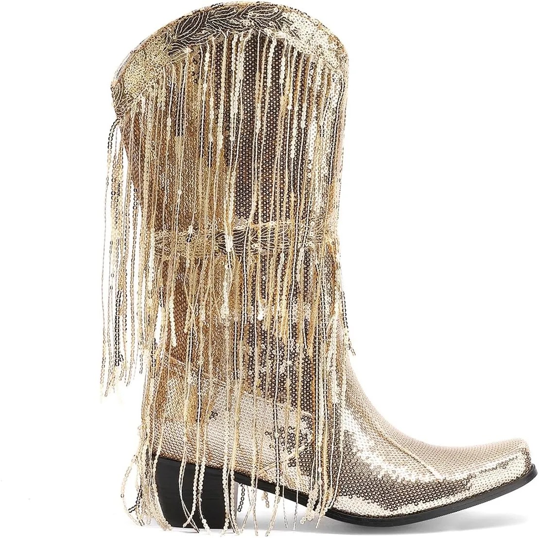 Glittery Fringe Cowboy Boots Sparkly Tassel Cowgirl Boots Clubwear Bling Mid Calf Western Boots