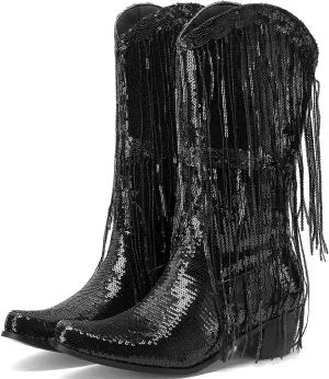 Glittery Fringe Cowboy Boots Sparkly Tassel Cowgirl Boots Clubwear Bling Mid Calf Western Boots