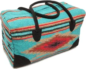 Go West Travel Bag -Weekender Duffle Bag, Hand Woven Rug Bag w/Leather Handles -El Paso Saddle Blanket (C-Teal, X-Large)