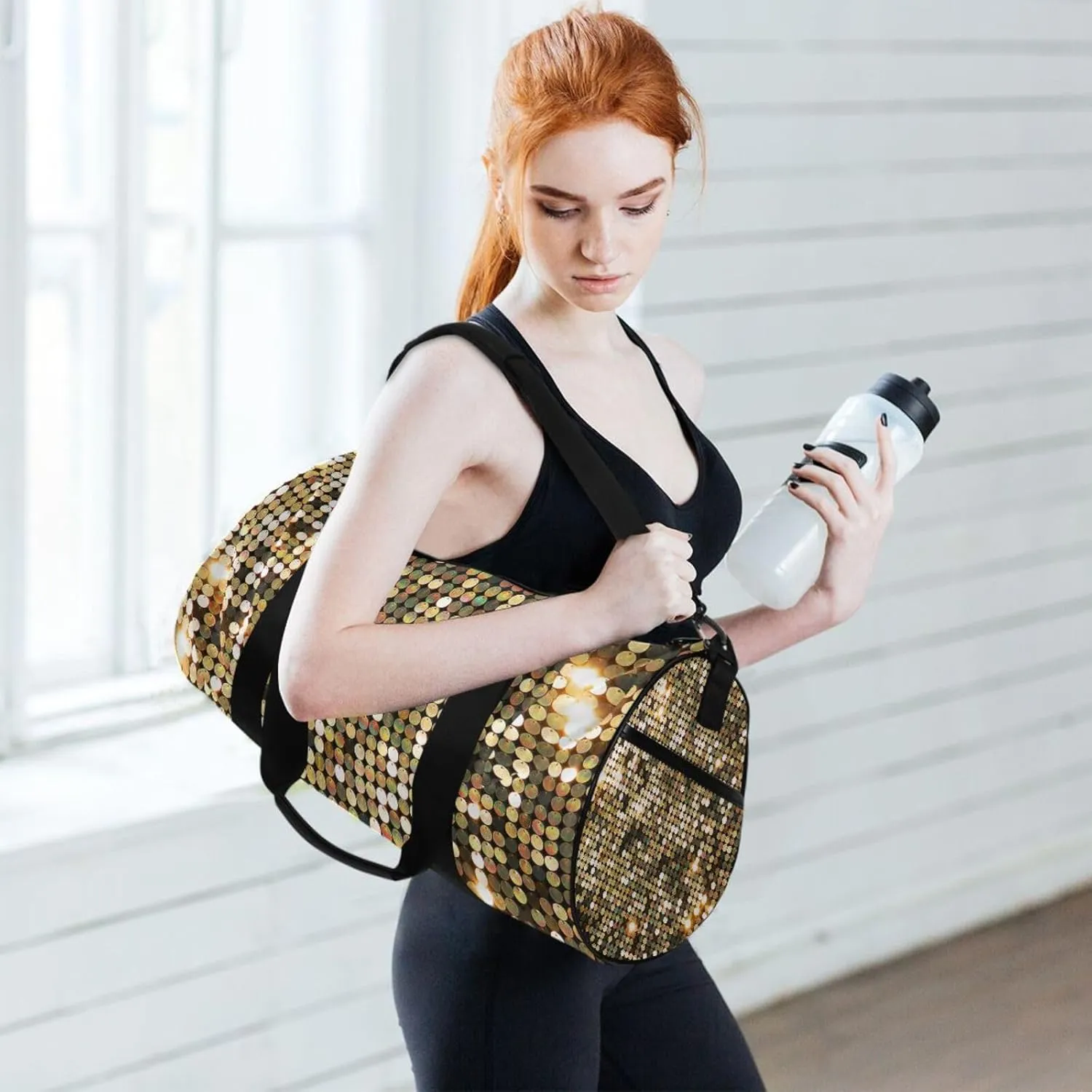 Golden Background Mosaic with Gold Light Spots Portable Gym Bag, Travel Bag, Luggage bag, Sports Bag, Toiletry Bag with Handles, Detachable Shoulder Strap 17.6 x 9 x 9 inch