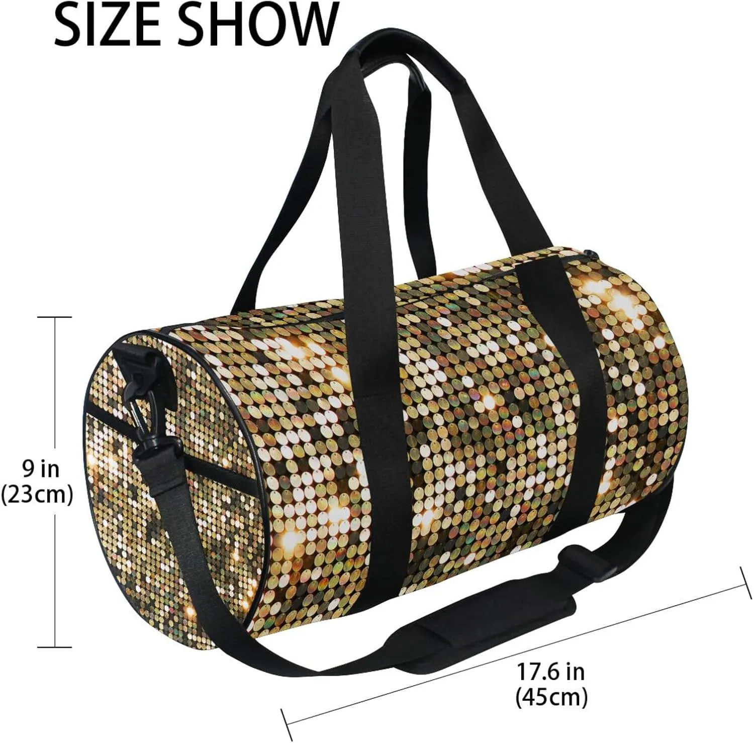 Golden Background Mosaic with Gold Light Spots Portable Gym Bag, Travel Bag, Luggage bag, Sports Bag, Toiletry Bag with Handles, Detachable Shoulder Strap 17.6 x 9 x 9 inch