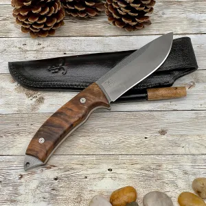 Golden Horn Expert Handcraft Hunting and Camping Knife With Personalized Walnut Wood Handle and Leather Sheath - Bohler N690 Bushcraft Gift