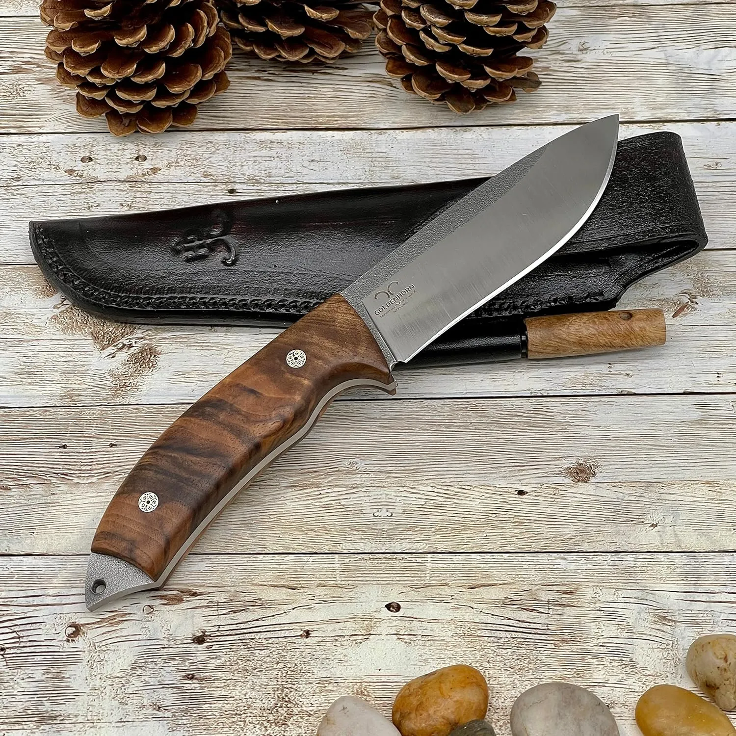 Golden Horn Expert Handcraft Hunting and Camping Knife With Personalized Walnut Wood Handle and Leather Sheath - Bohler N690 Bushcraft Gift