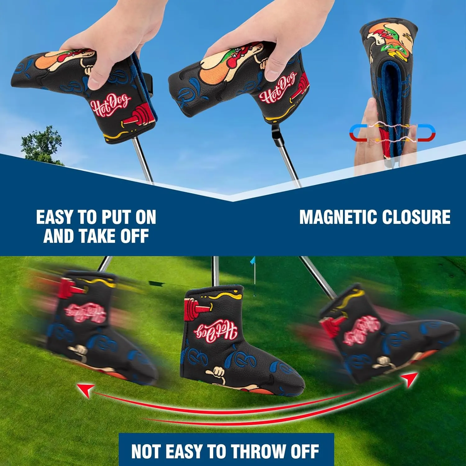 Golf Putter Covers Black Hotdog Golf Mallet Putter Headcover Blade Putter Covers Leather Golf Headcover with Magnetic Golf Club Covers for Scotty Cameron Taylormade Titleist Odyssey