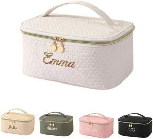 GOPHIE Personalized Embroidery Large Travel Makeup Bag - PU Leather Cosmetic Organizer Case for Women,Waterproof Makeup Pouch