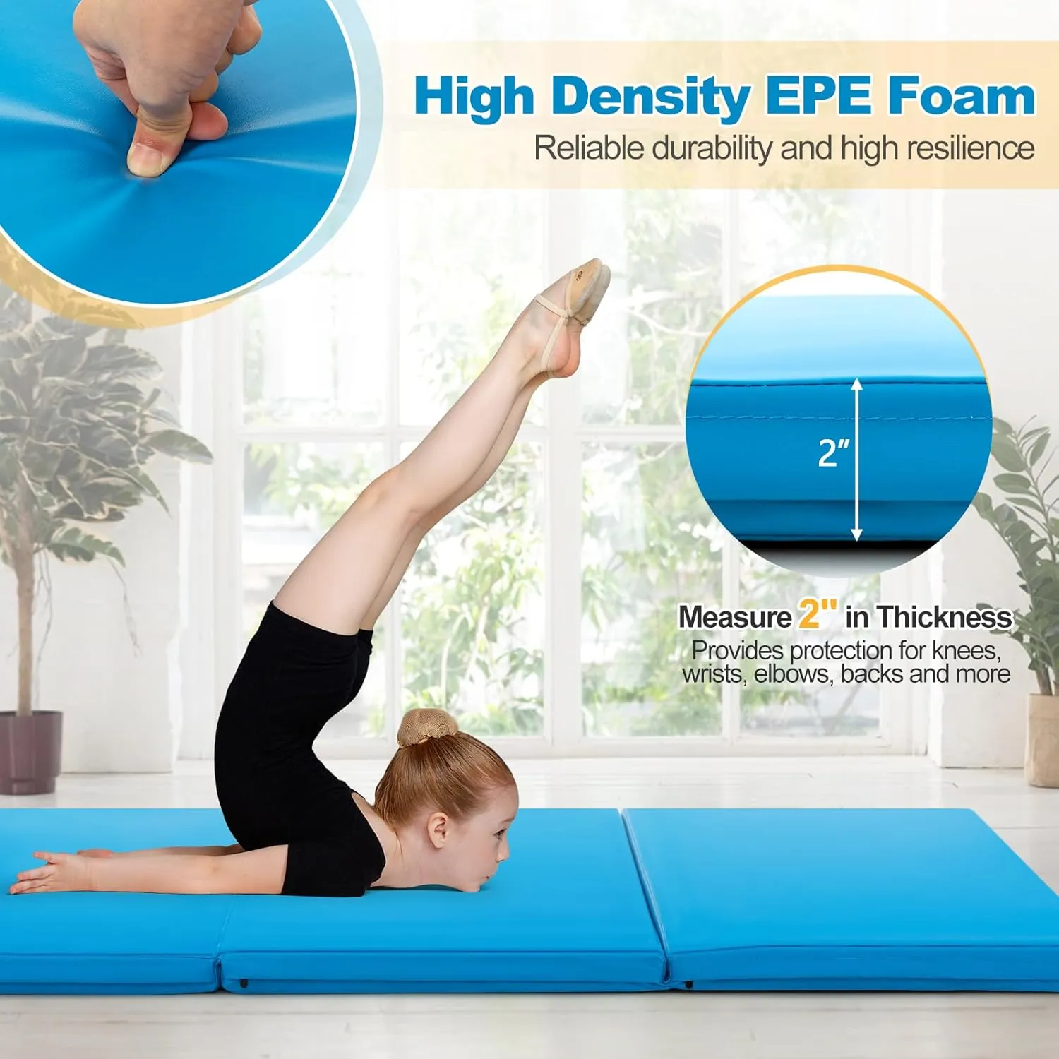 Goplus Folding Gymnastics Mat, 6’ x 2’ x 2’’ Thick Tri-Fold Exercise Tumbling Mat w/Carrying Handles, Hook & Loop Fastener, Gym mats for Home Fitness Yoga Aerobics Workouts Martial Arts