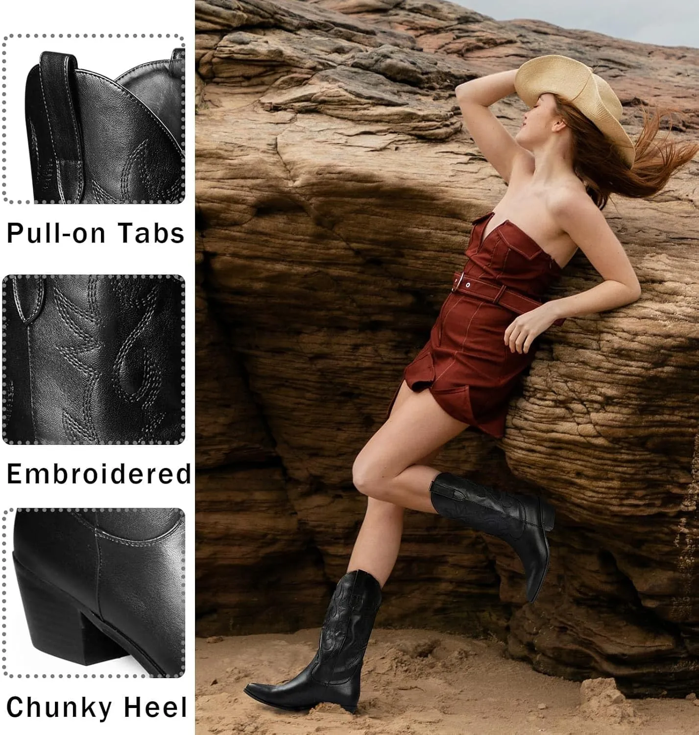 GOSERCE Women's Western Cowboy Boots with Embroidery Chunky Block Heel 2.5" Classic Cowgirl Boots Mid Calf Booties Almond Shaped Pointed Toe Knee High boots Pull On Fashion Design