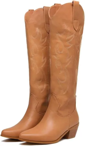 GOSERCE Women's Western Cowboy Boots with Embroidery Chunky Block Heel 2.5" Classic Cowgirl Boots Mid Calf Booties Almond Shaped Pointed Toe Knee High boots Pull On Fashion Design