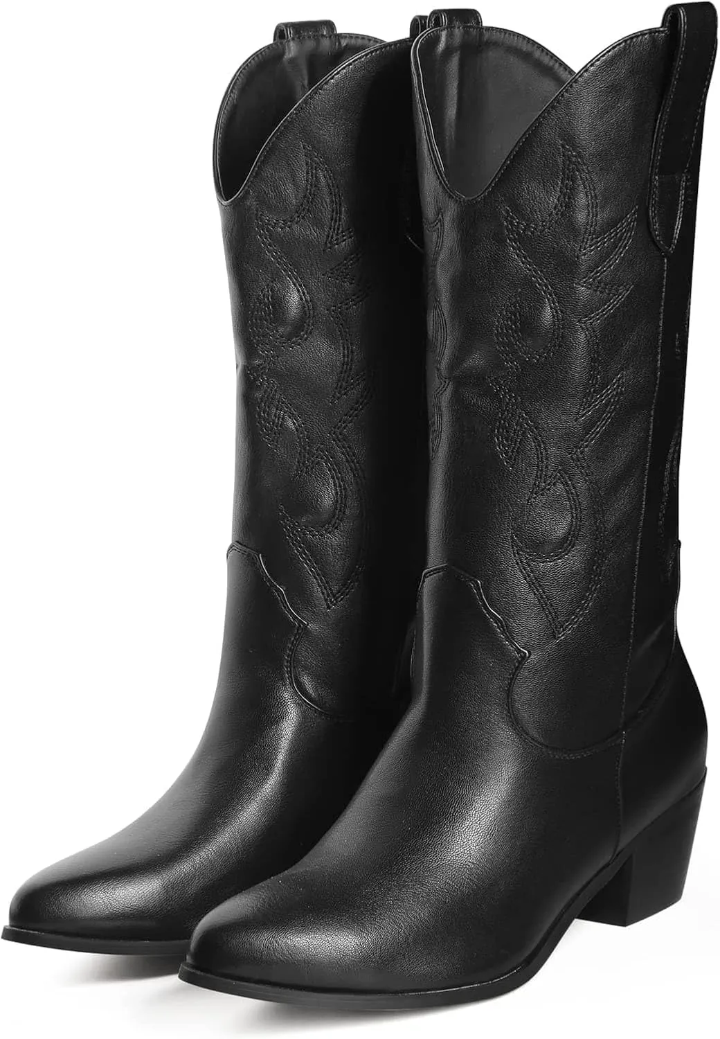 GOSERCE Women's Western Cowboy Boots with Embroidery Chunky Block Heel 2.5" Classic Cowgirl Boots Mid Calf Booties Almond Shaped Pointed Toe Knee High boots Pull On Fashion Design