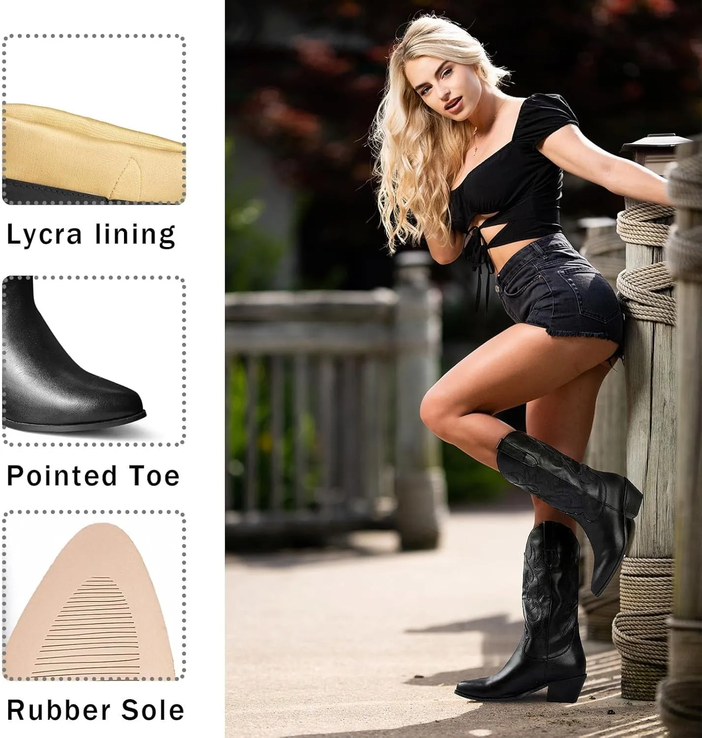GOSERCE Women's Western Cowboy Boots with Embroidery Chunky Block Heel 2.5" Classic Cowgirl Boots Mid Calf Booties Almond Shaped Pointed Toe Knee High boots Pull On Fashion Design