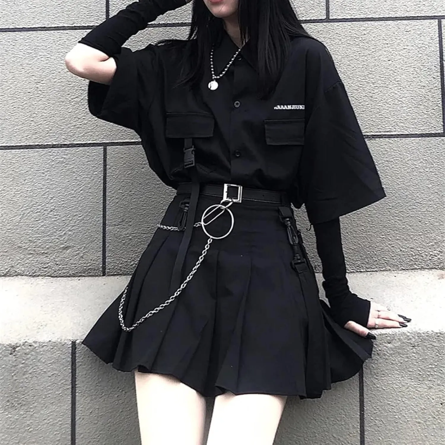 Gothic suit summer all-match black loose shirt tops women fashion two-piece goth skirt Harajuku style punk fashion XXL(Top shirt,S)